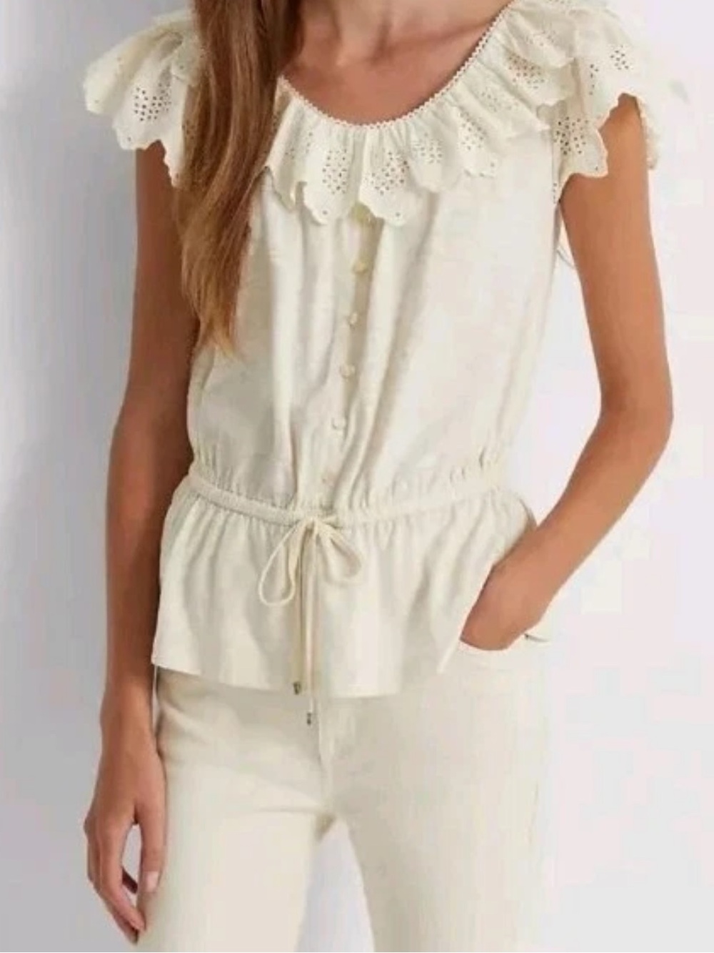 Black Label Ralph Lauren Cream Eyelet Ruffle Button-Front Top